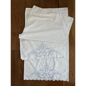 2 Vintage Queen Size Pillowcases Blue Edged Battenburg Lace Detail Scalloped End